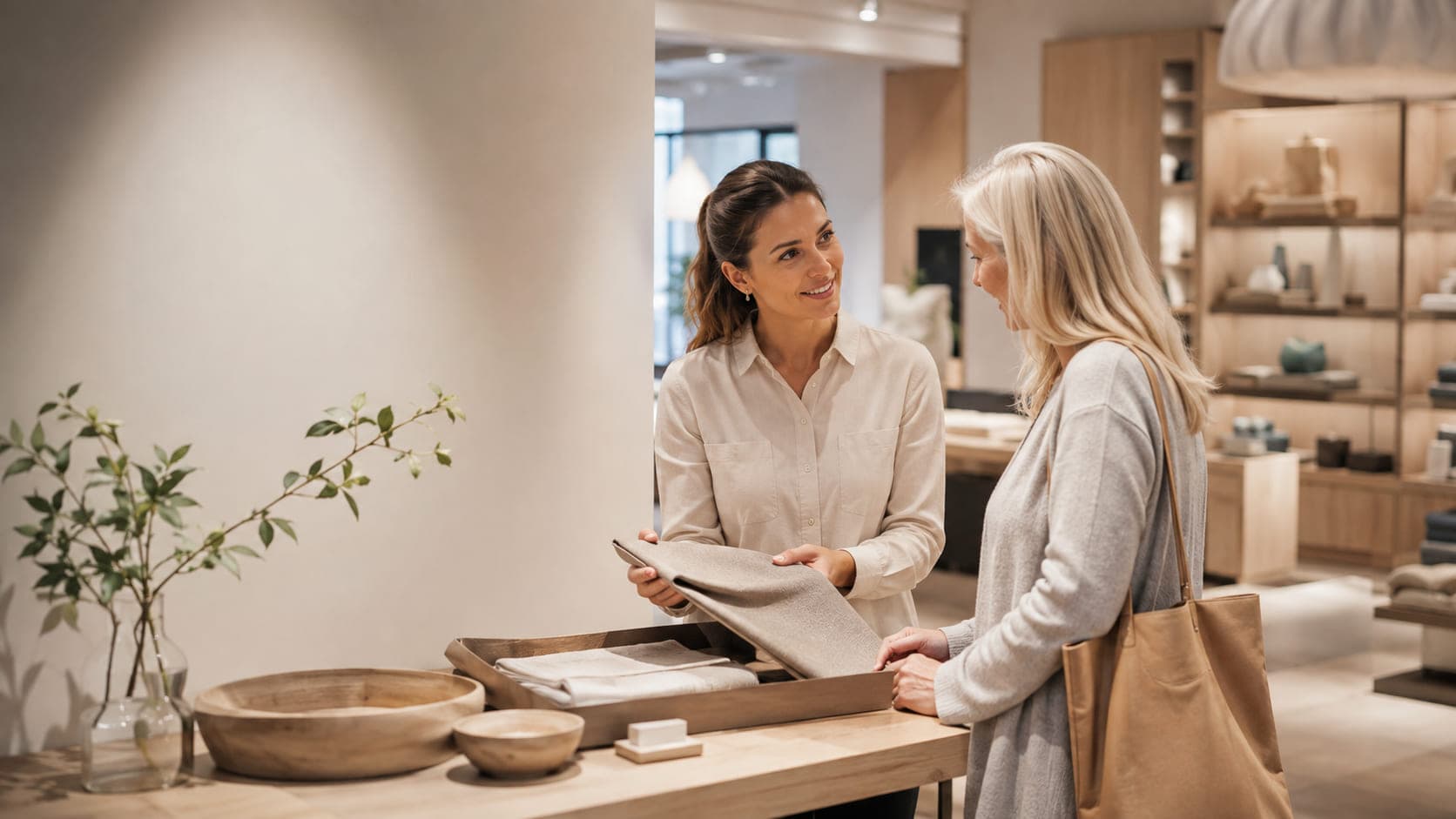 En medarbetare och en kund samtalar om ett materialprov i en inredningsbutik.