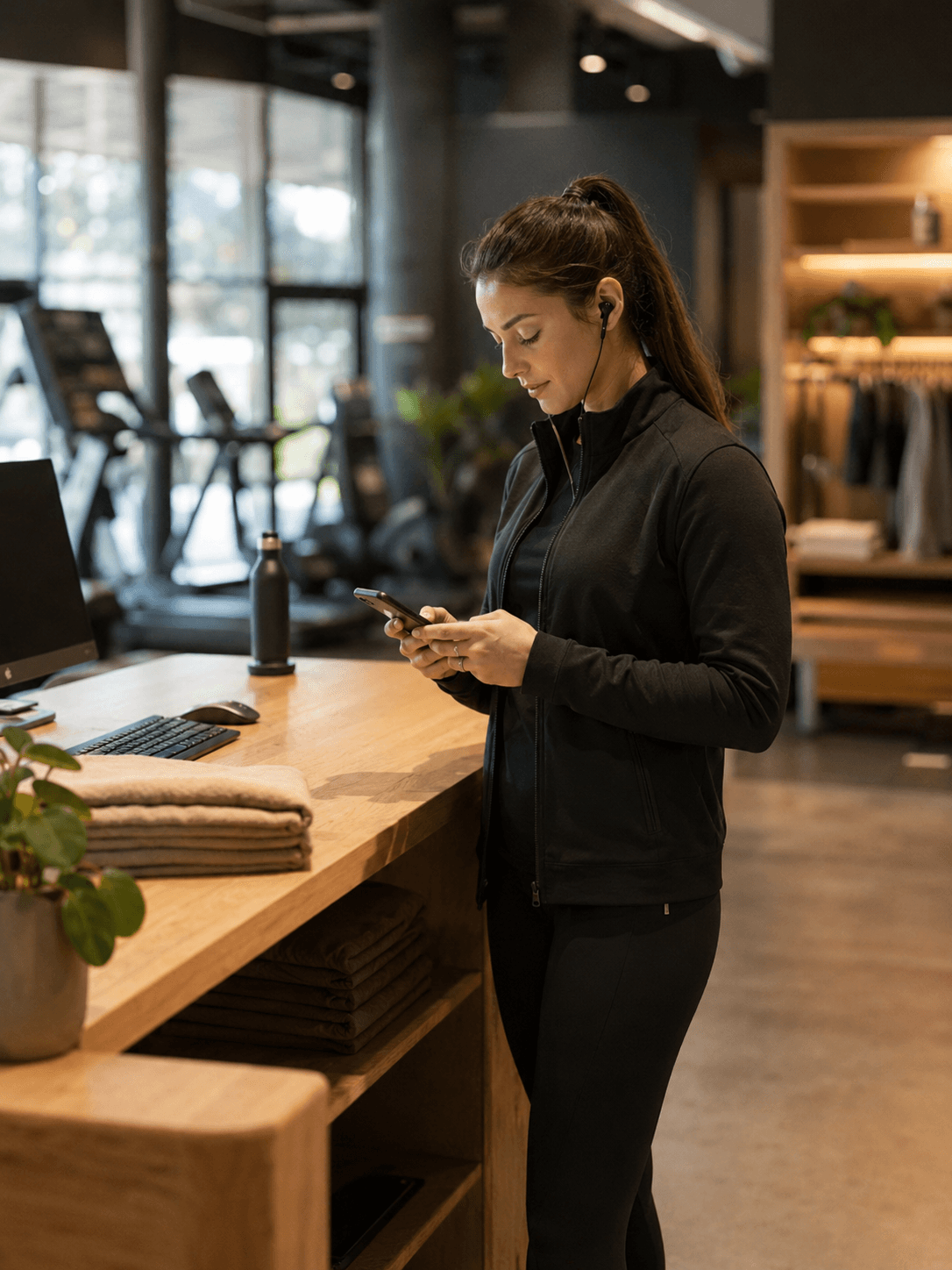 En medarbetare använder telefon och hörlurar vid receptionen på ett gym.