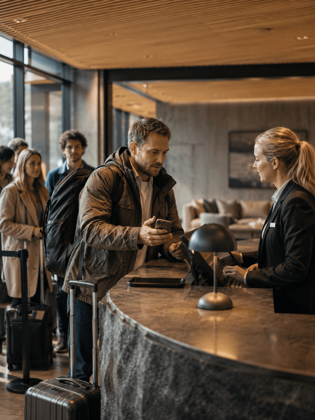 En receptionist möter en gäst vid hotellets receptionsdisk