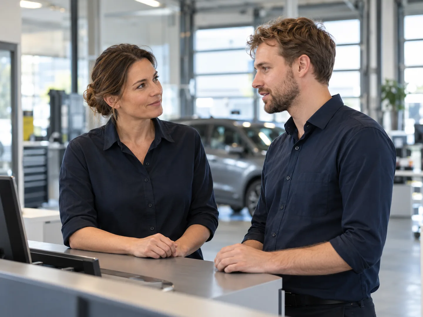 En servicechef lyssnar på en kollega under ett samtal vid verkstadens servicedisk.
