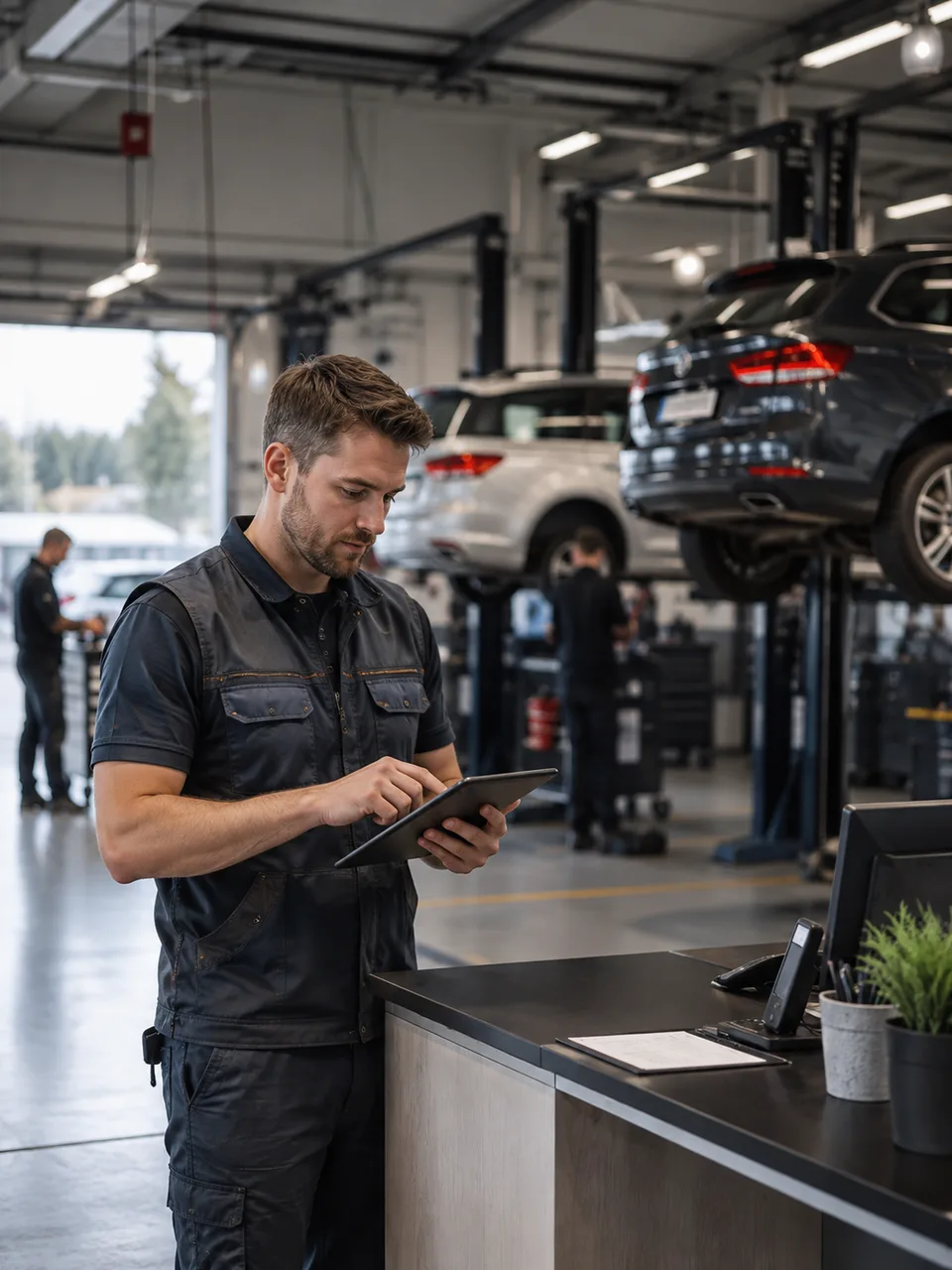 En verkstadsmedarbetare går igenom material på en surfplatta vid servicedisken.