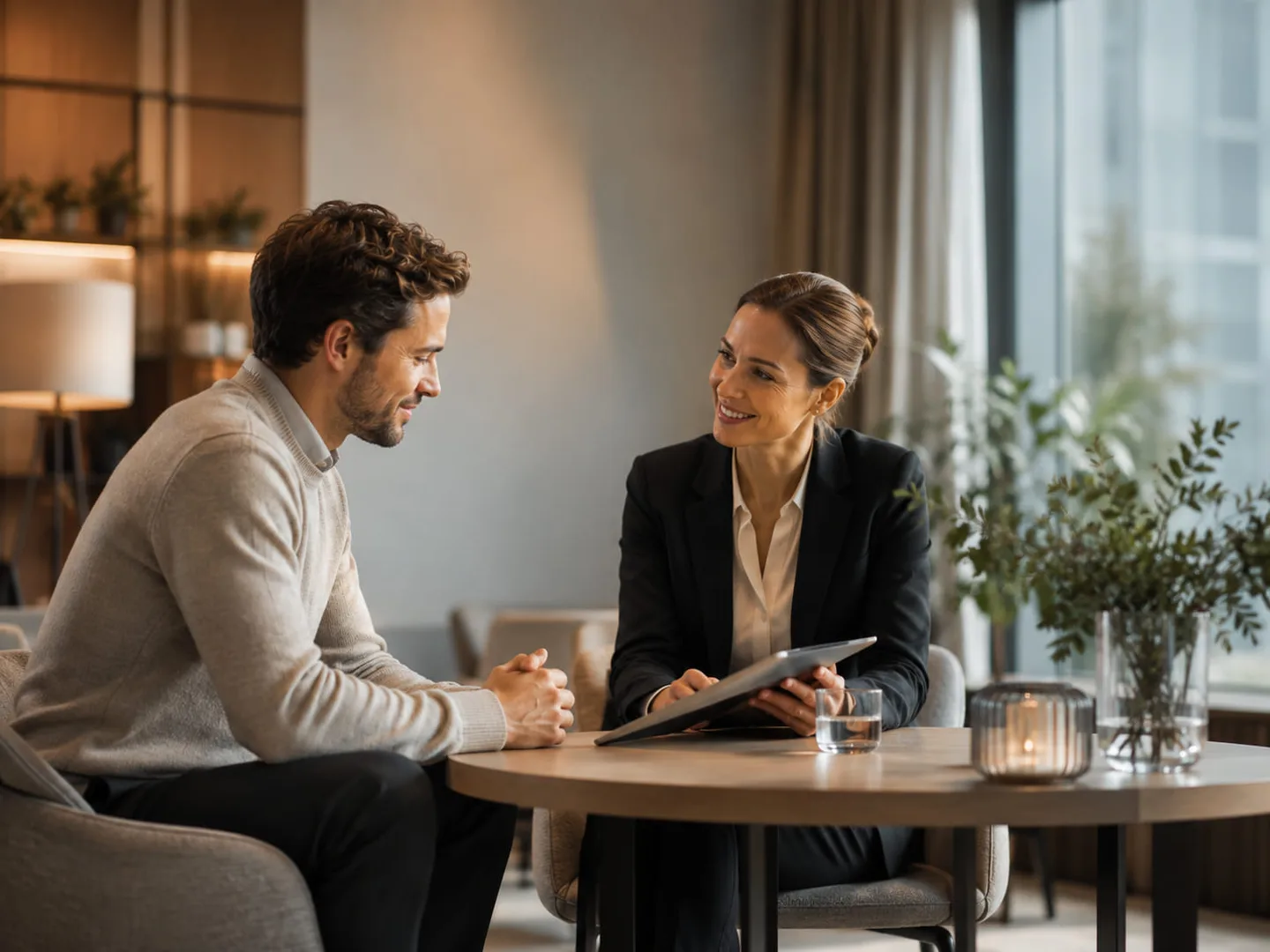 An advisor listens to a customer at a table in a bright office.