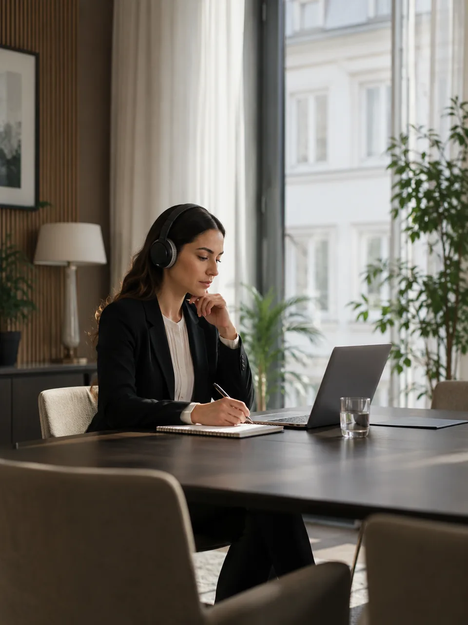A new advisor reviews material using headphones and a laptop at a meeting table.