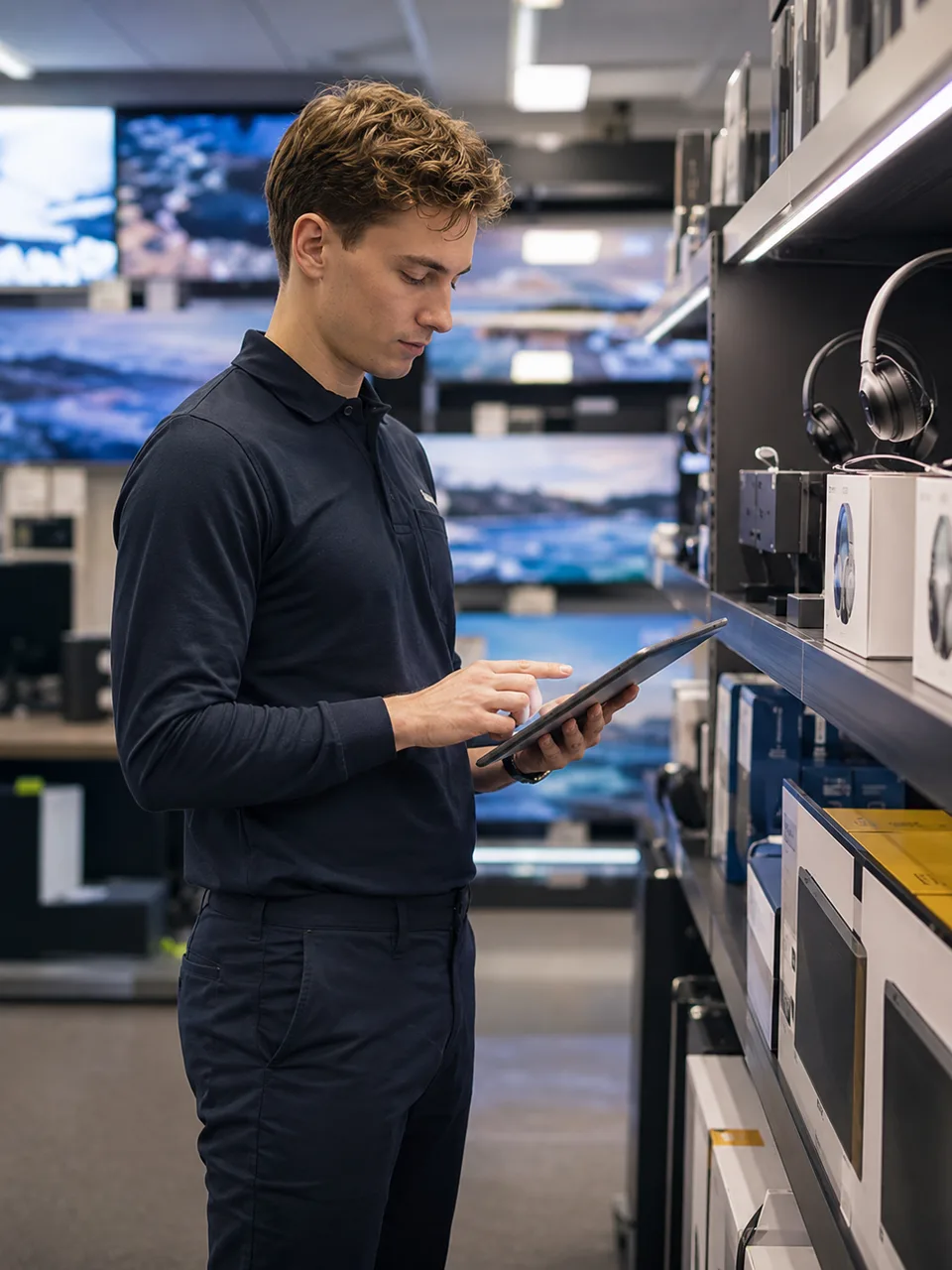 En butikssäljare lär sig om produkter på en surfplatta i en elektronikbutik.