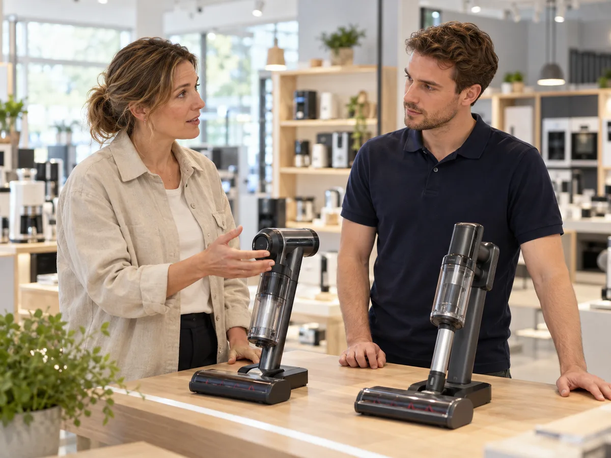 Två kollegor samtalar om rådgivning vid en produktvisning i butik.