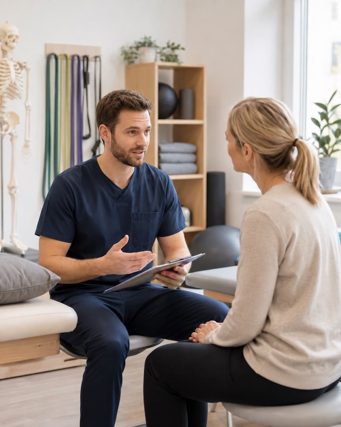 En fysioterapeut i samtal med en patient på en rehabmottagning