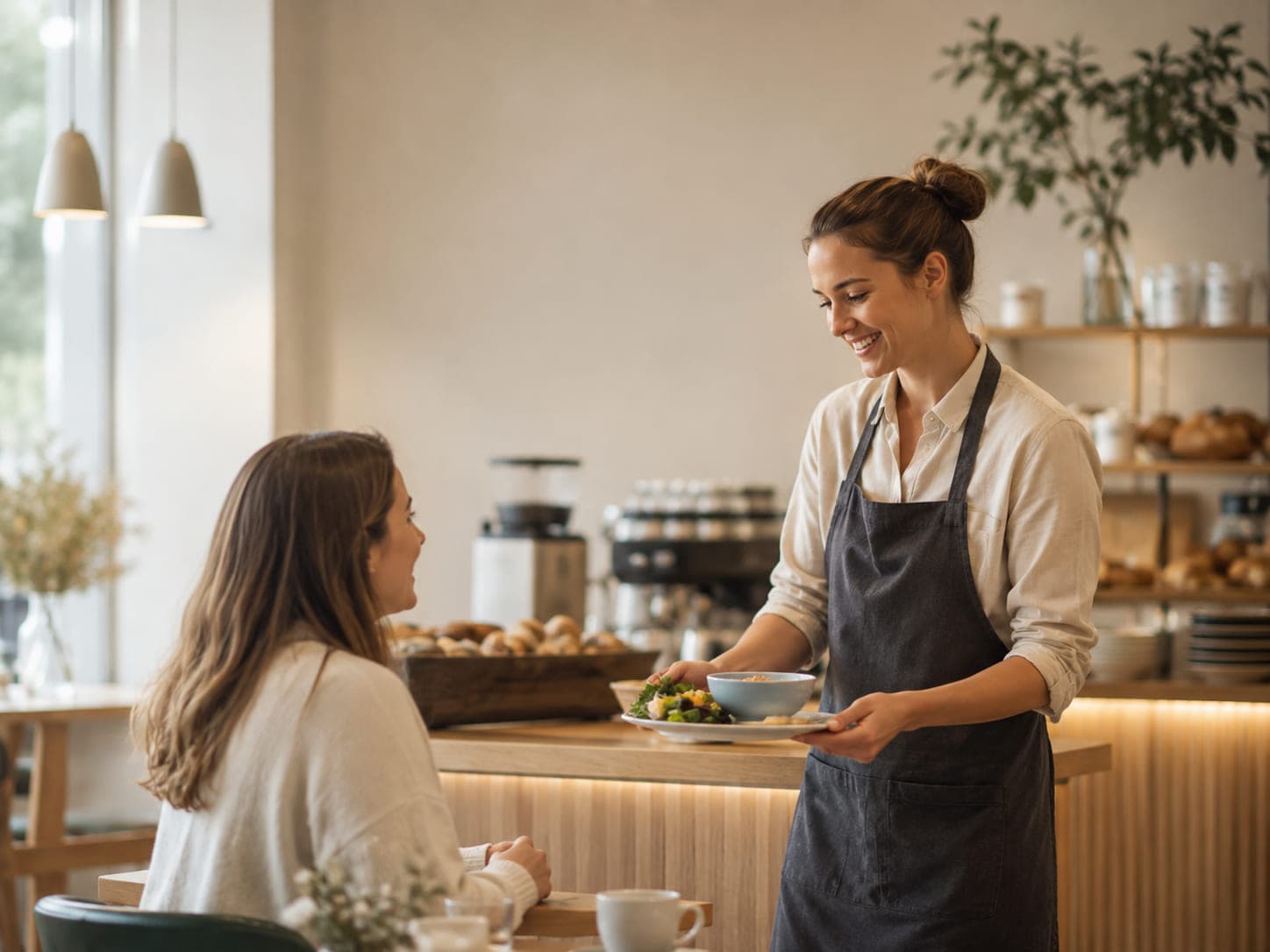 A café employee interacting with a guest
