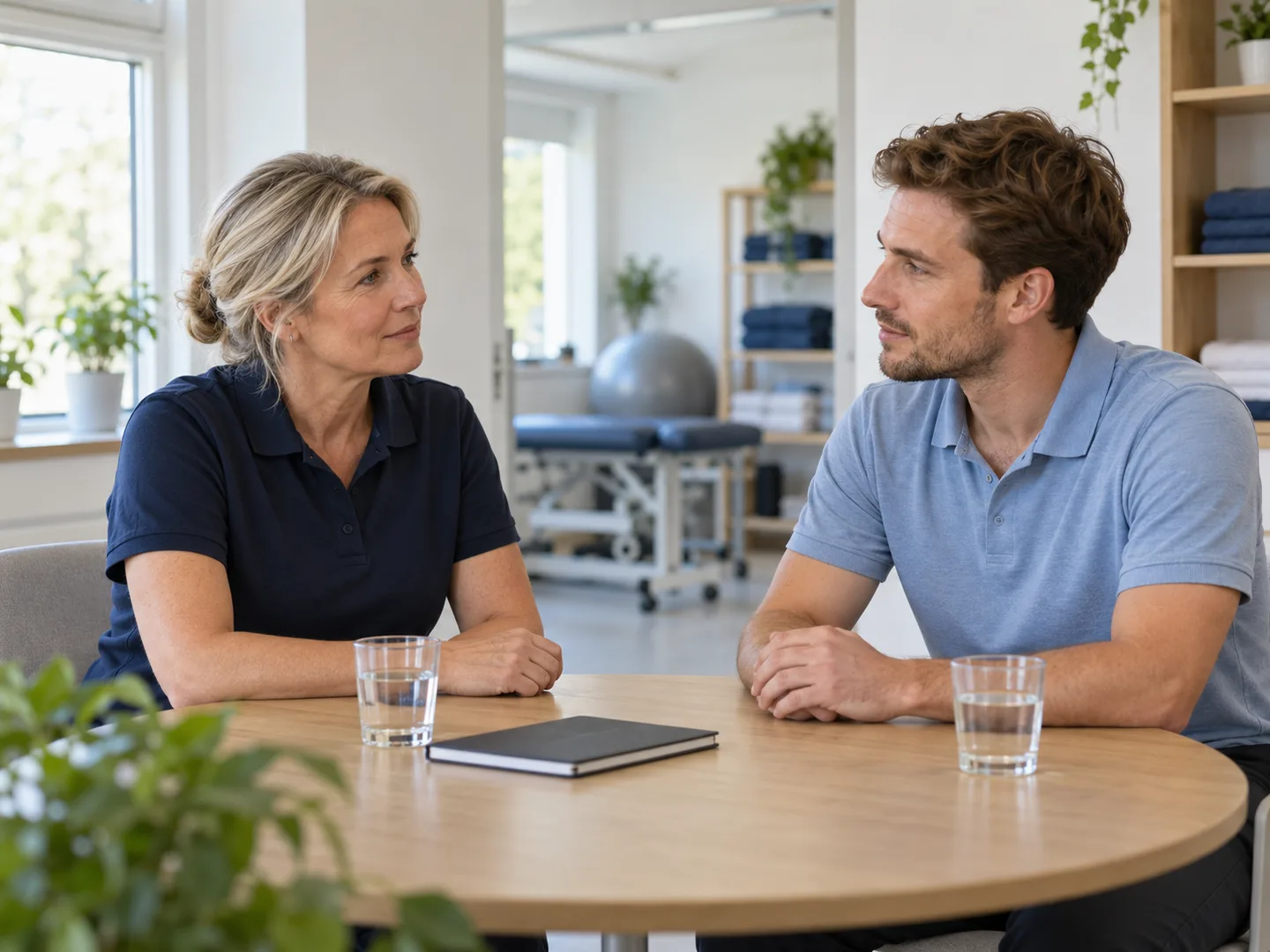 En chef och en fysioterapeut har ett coachande samtal på mottagningen.