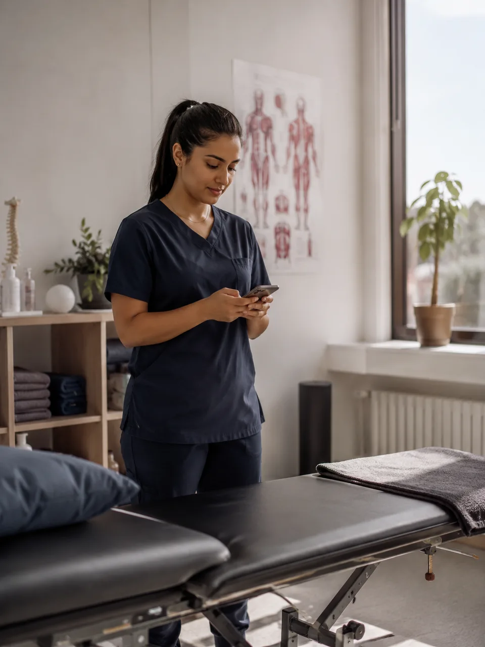 En medarbetare övar på mobilen i en rehabmottagning mellan patientbesöken.