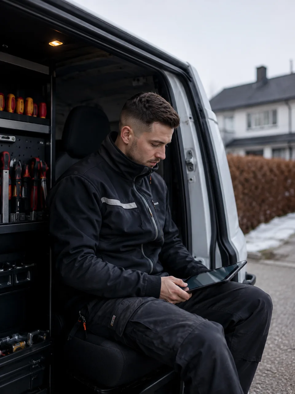 A service employee prepares with a tablet beside a parked service van.