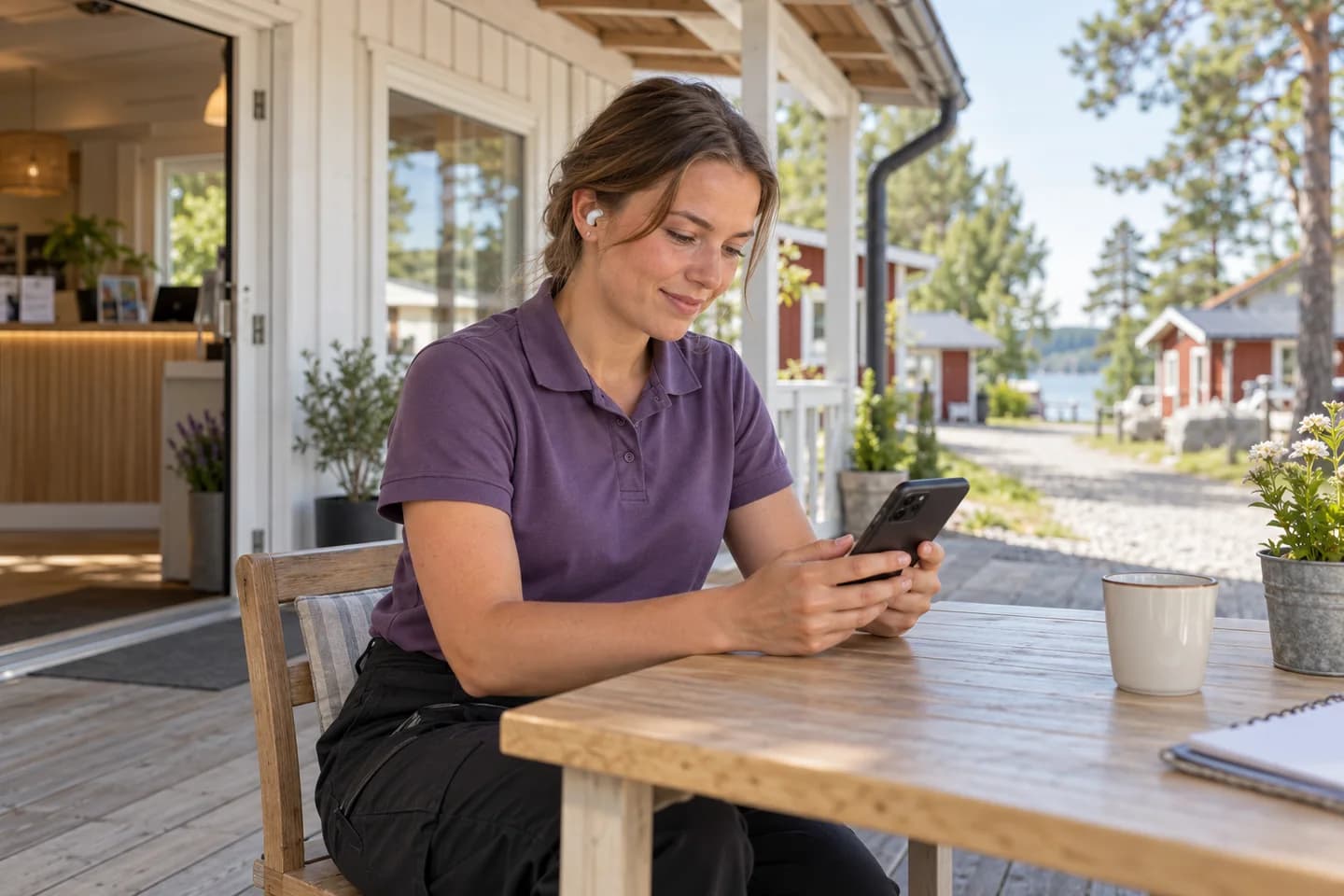 En säsongsmedarbetare förbereder sig med mobil och hörlur vid receptionen på en camping.