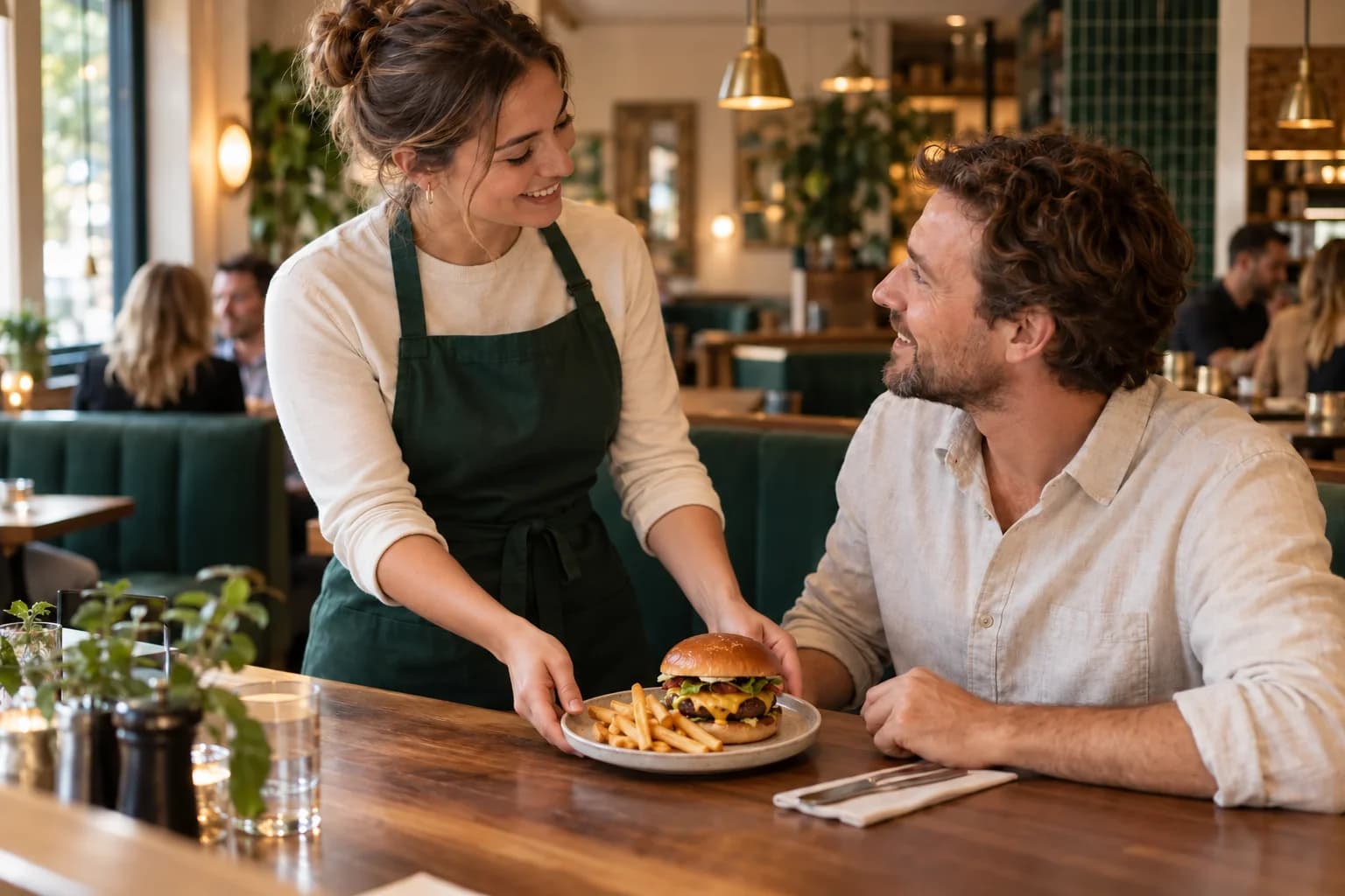 AI-generated illustration: an employee serves a burger and fries to a guest at a fictional restaurant.