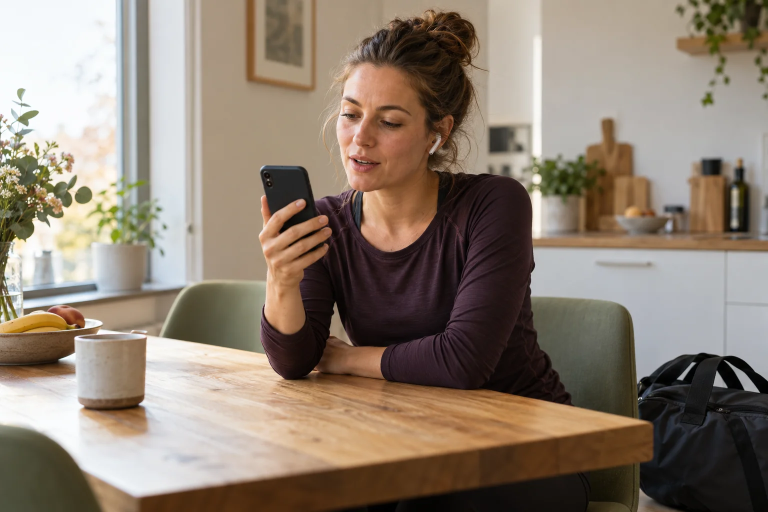 En person delar sina erfarenheter i ett röstsamtal med hörlurar och telefon.
